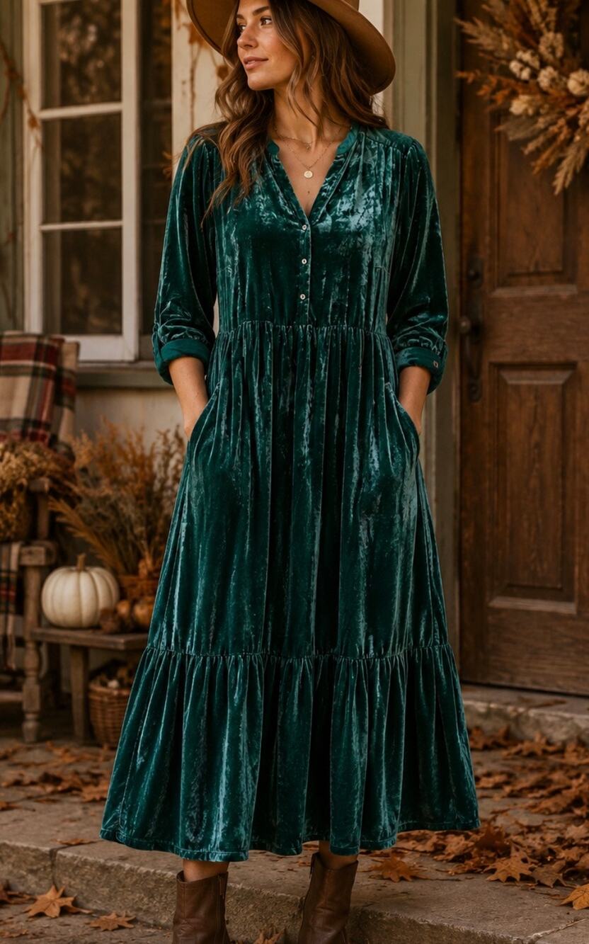 White Stuff Green Velvet Tiered Midi maxi Dress Boho Cottagecore holiday fall L